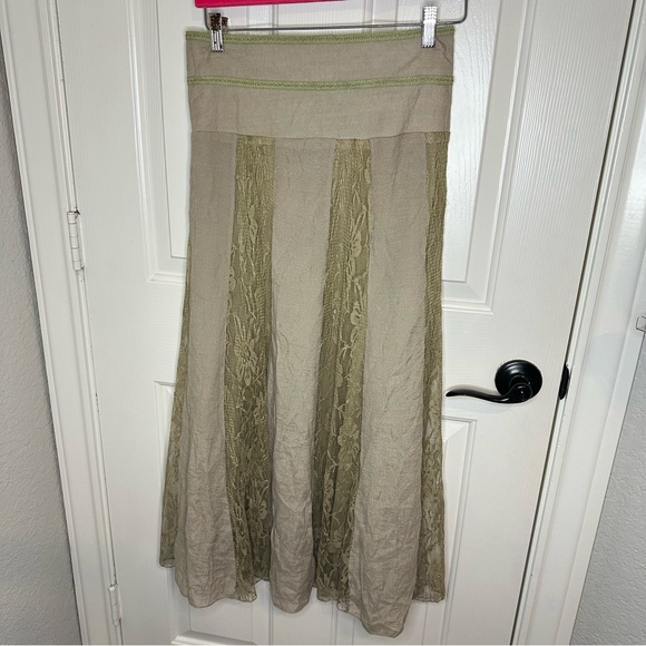 j.lee Dresses & Skirts - Y2K J.Lee Tan Khaki Green Floral Lace Striped Pleated Maxi Skirt Sz M Fairycore